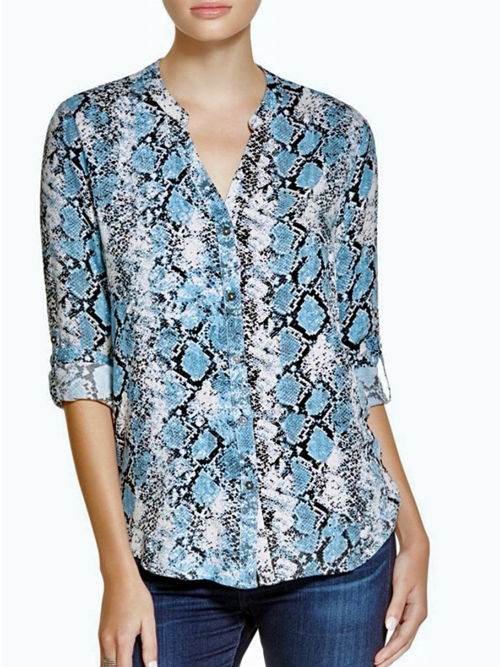 Soft Joie blue python snakeskin print long sleeve button front shirt